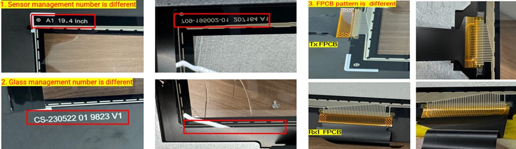 Part number mismatch comparison showing management numbers and FPCB pattern differences