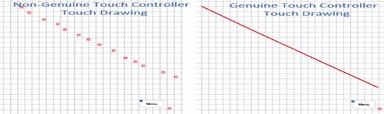 Touch drawing comparison showing abnormal touch pattern on non-genuine controller